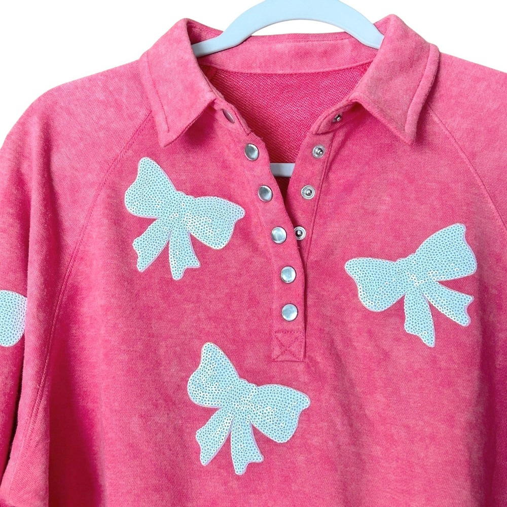 Kawaii Style Hot Pink Sweatshirt Women's Size S White Sequin Bow Applique - Picture 3 of 6